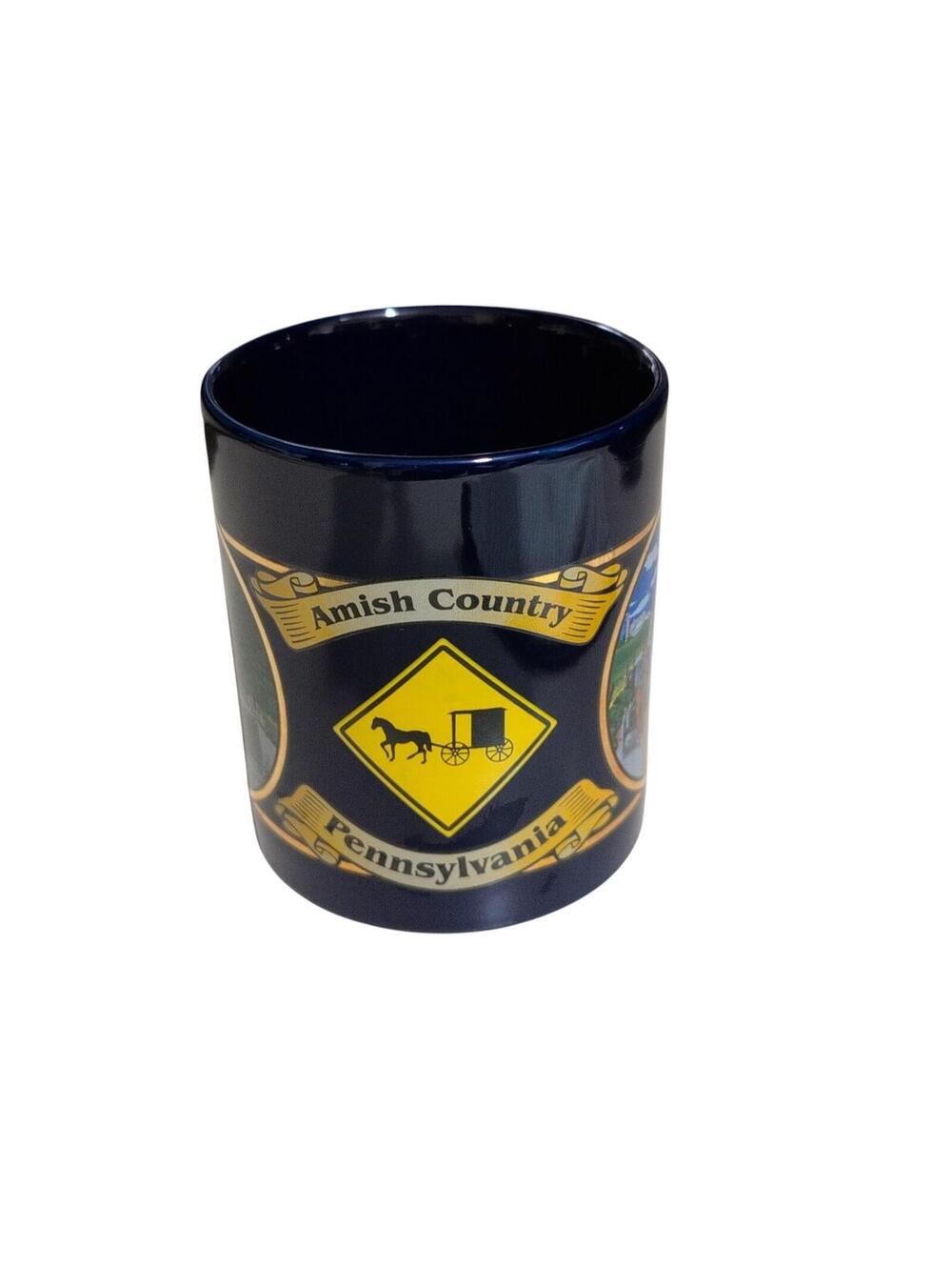 M Ware Amish Country PA Cobalt Blue Coffee Mug 10 oz Tea Cup W/ Horse & Buggy
